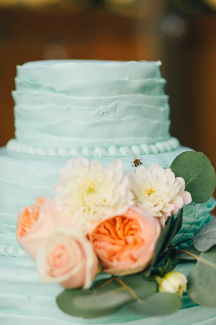 how cool that the photographer caught this little bee on the cake.