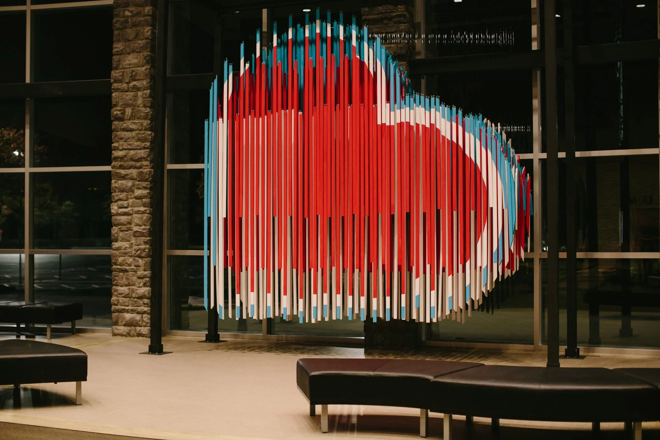 Completed dimensional heart installation with custom fabrication and colorful scenic elements.