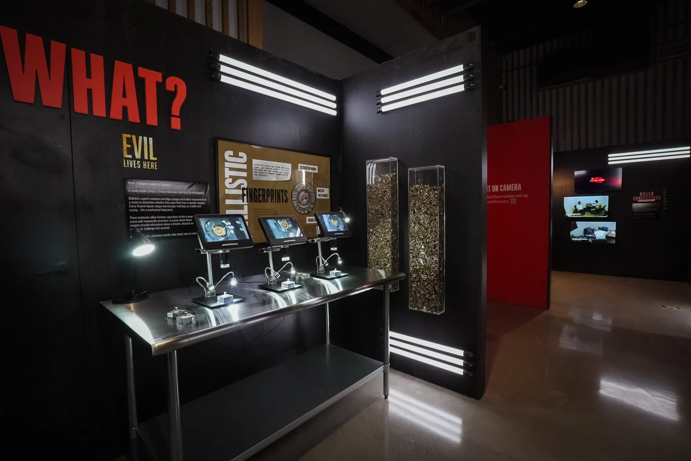 Interactive brand activation display with custom educational panels, product stations, and scenic walls.