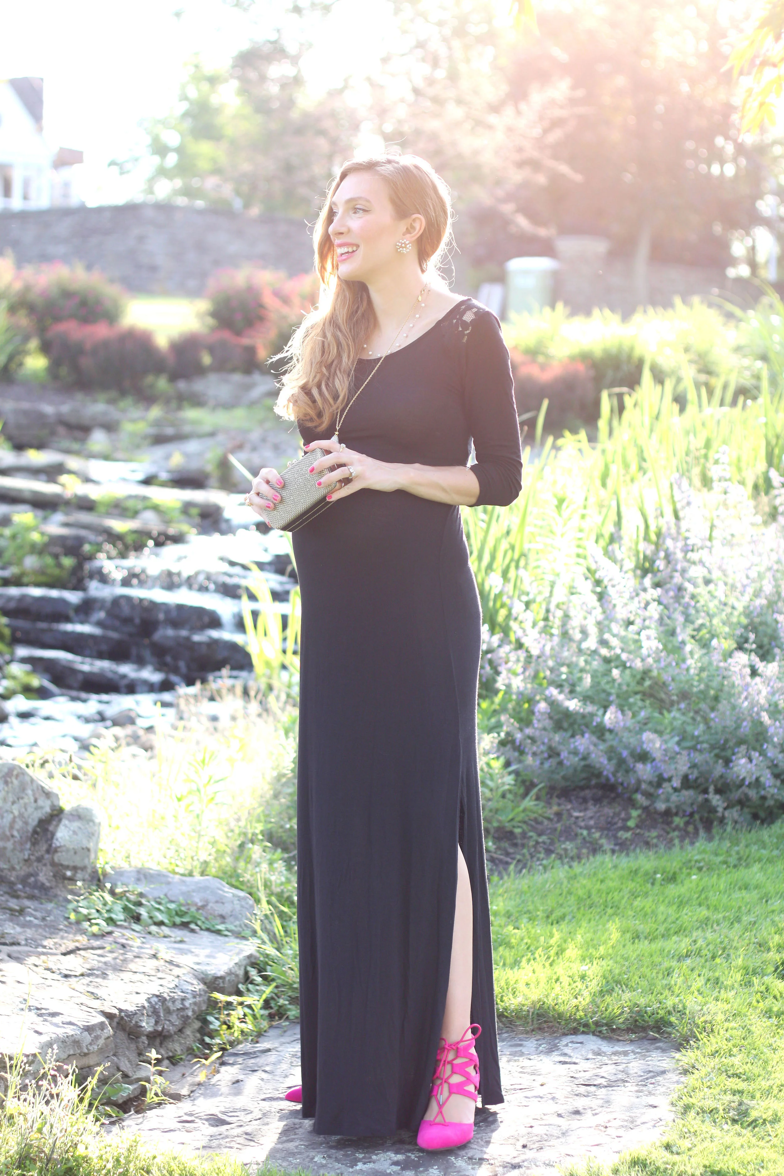 Black Lace Maxi and a Pop of Pink 