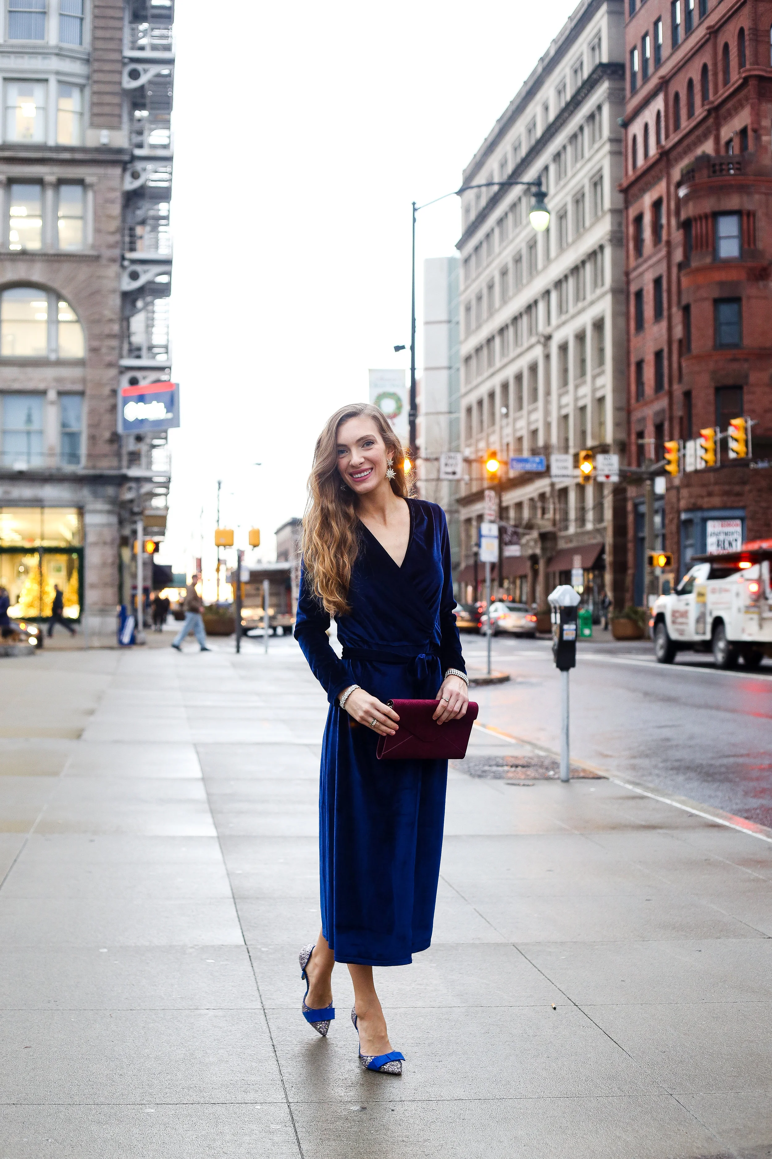 blue velvet wrap dress