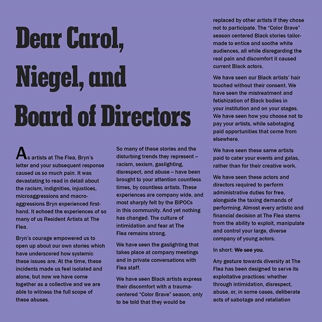 this is a community statement from the collective of FLEA artists that i had the privilege to be a part of the conversation leading up to it
i am a part of a community worth fighting for 
i have been complicit by being quiet out of fear
we can be so 