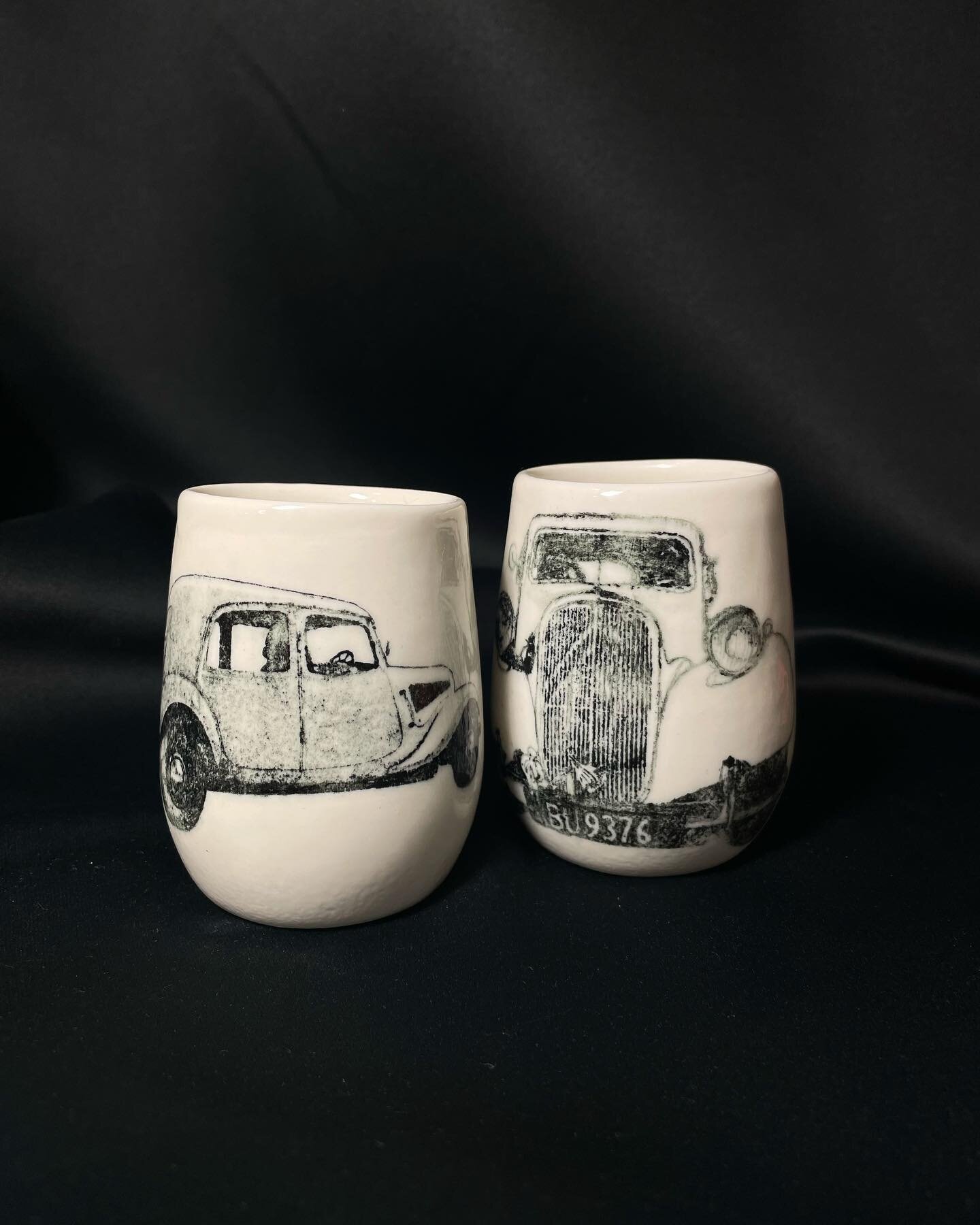 Bespoke mugs. 
Thelma, the Citroen, photograph. 

Slip cast porcelain. Clear glaze interior.