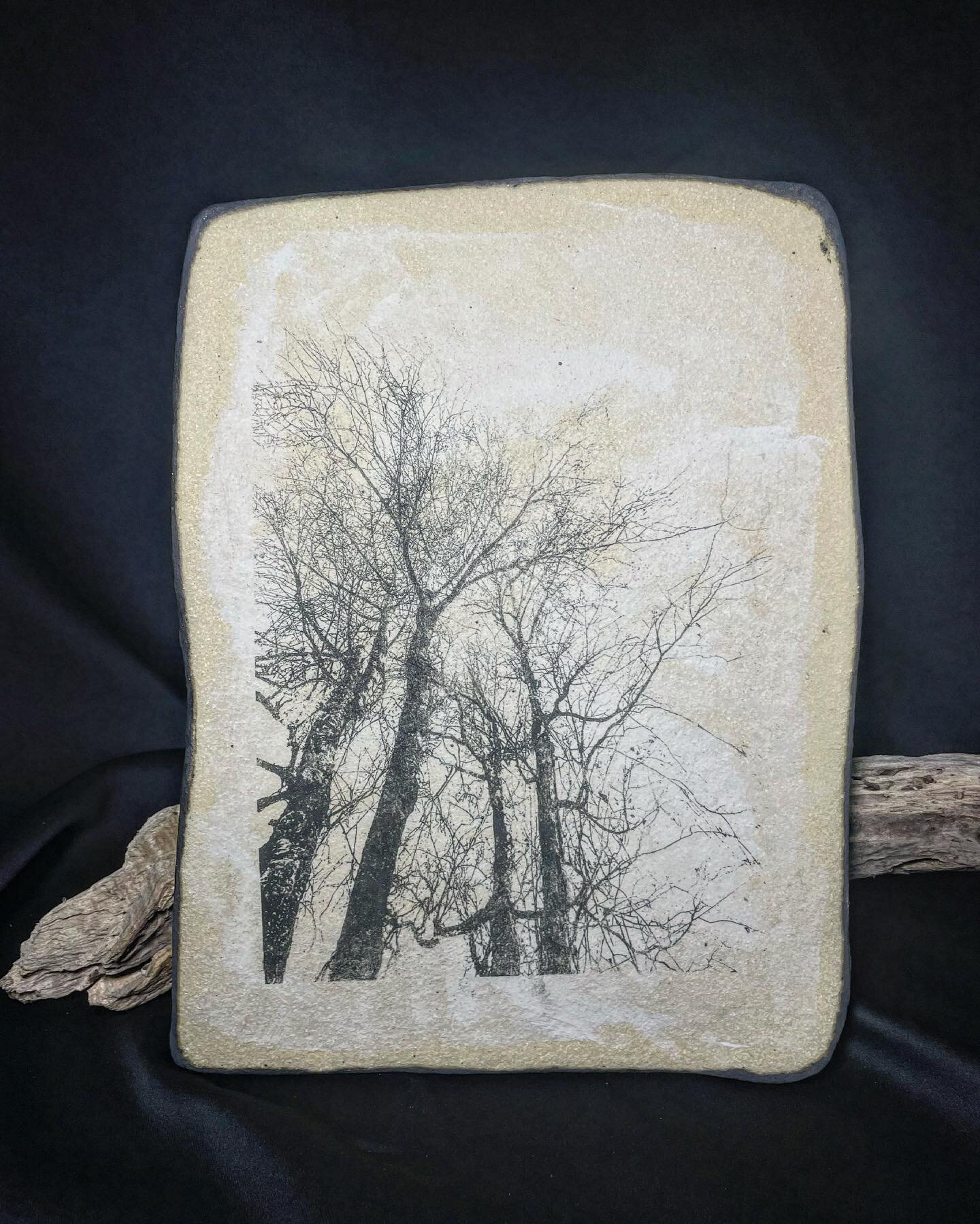Chattering trees.
Silver birches.

SOLD

Approx 20 x 30cm. Wall piece.

White grog clay with a porcelain slip and black copper oxide edge, with own original photo using a lithographic printmaking technique.

#oneofakind #photolithographyonclay #graph