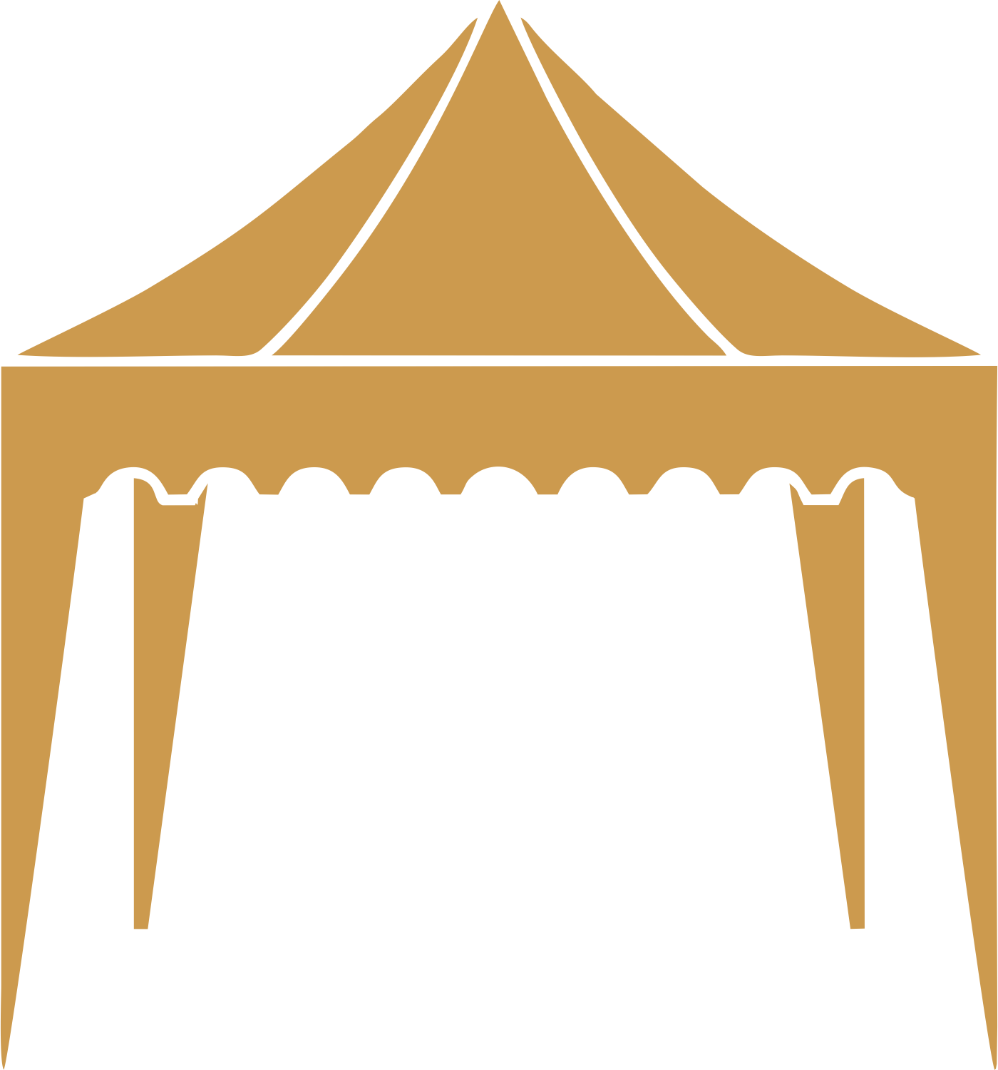Simple illustration of a brown picnic table with a sloped canopy on top.