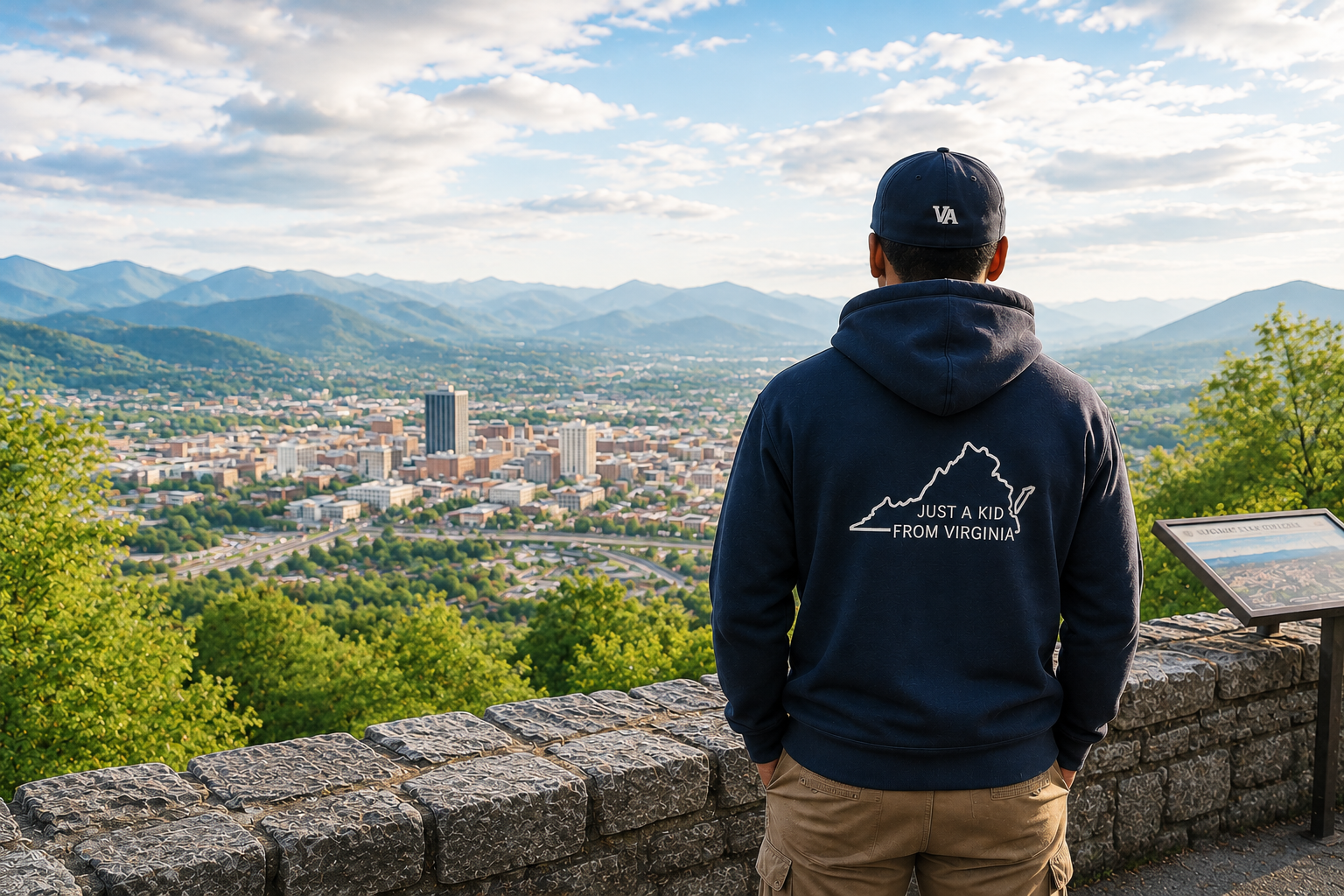 A person wearing a hoodie and cap stands on a viewing platform looking at a cityscape with mountains in the background. The hoodie has a Virginia map outline with the text 'Just A Kid From Virginia'.