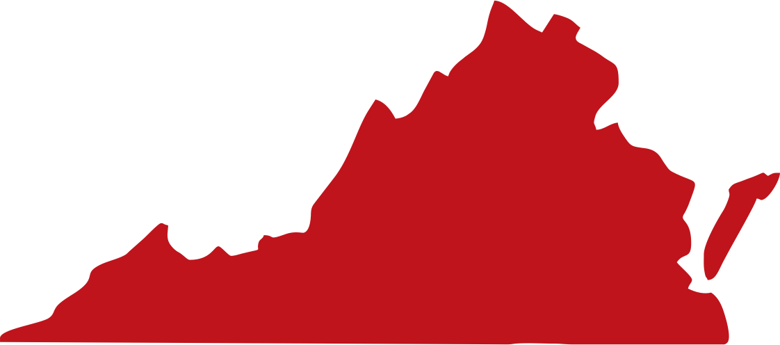Map of the state of Virginia colored in red with black borders and labels for the cities of Richmond, Virginia and other landmarks.