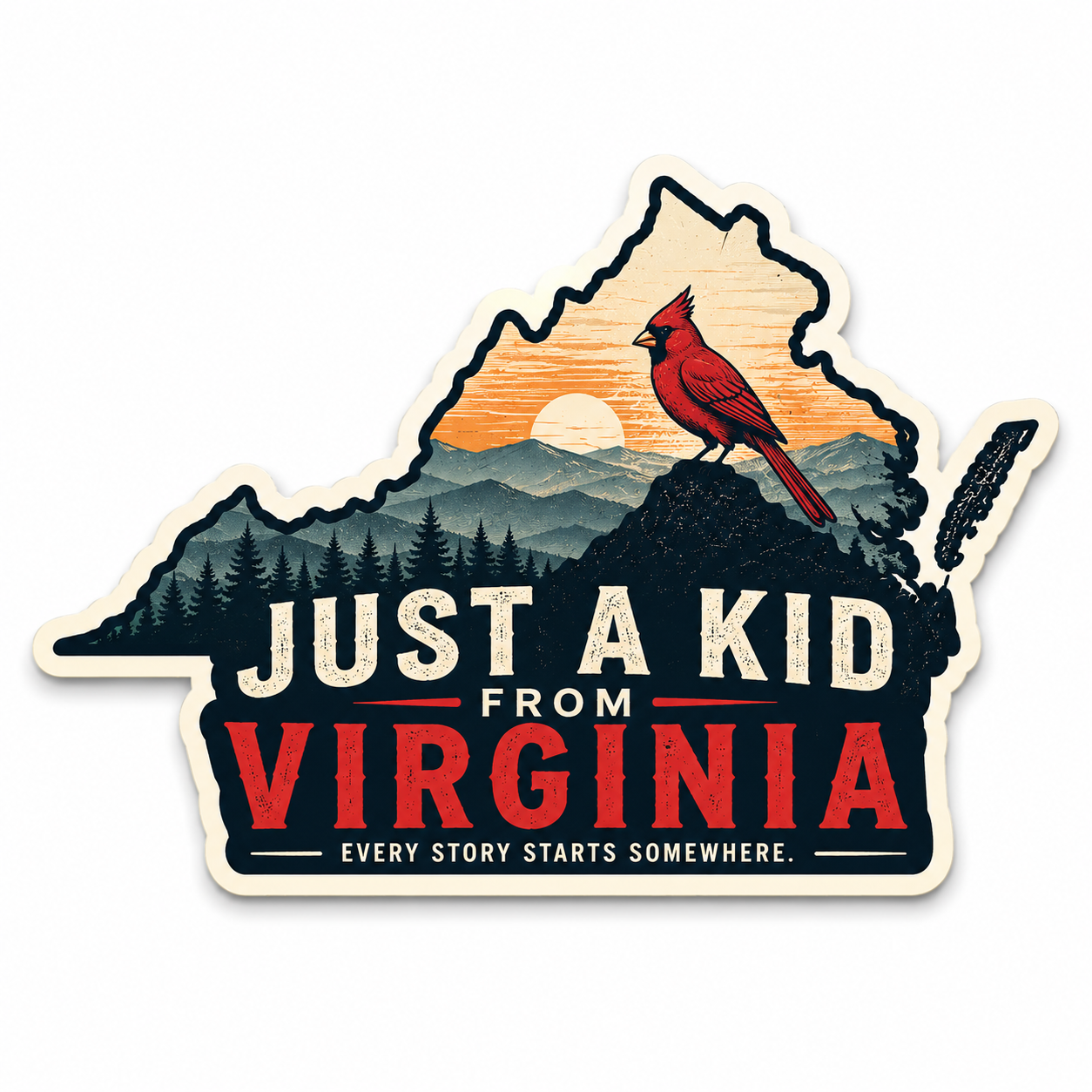 A sticker with a Virginia mountain landscape, a red bird, and the text 'Just a Kid from Virginia' with the slogan 'Every story starts somewhere'.