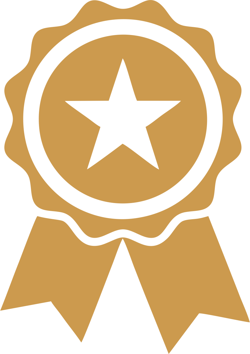 Golden medal with a white star in the center and two ribbon tails.