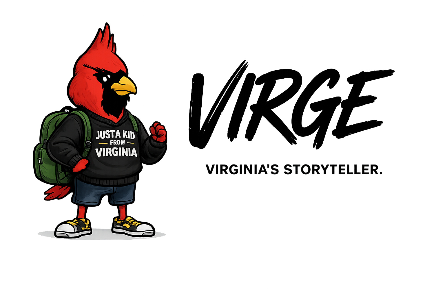A cartoon cardinal bird dressed as a kid from Virginia, wearing a black sweatshirt with the text "Just a kid from Virginia," blue shorts, yellow and black sneakers, and a green backpack, standing with a clenched fist in front of a colorful abstract background. The text "Virginia's Storyteller" is written at the bottom.
