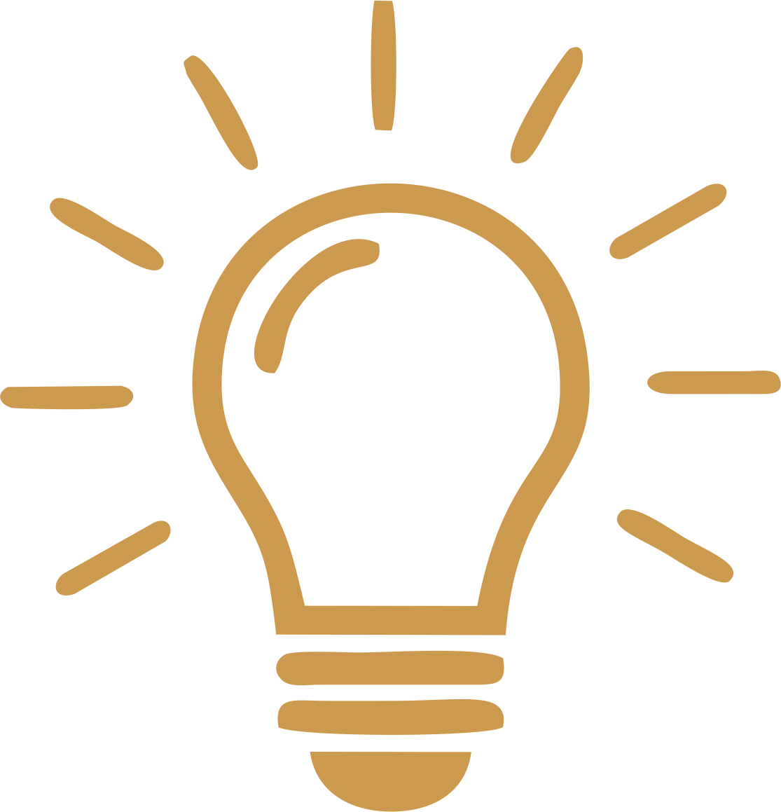 A stylized illustration of a light bulb with rays emanating from it, in a gold color.