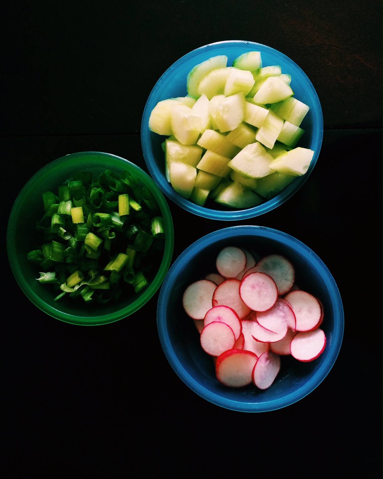   2. Meanwhile chop scallions, radishes, and cucumber.&nbsp;  