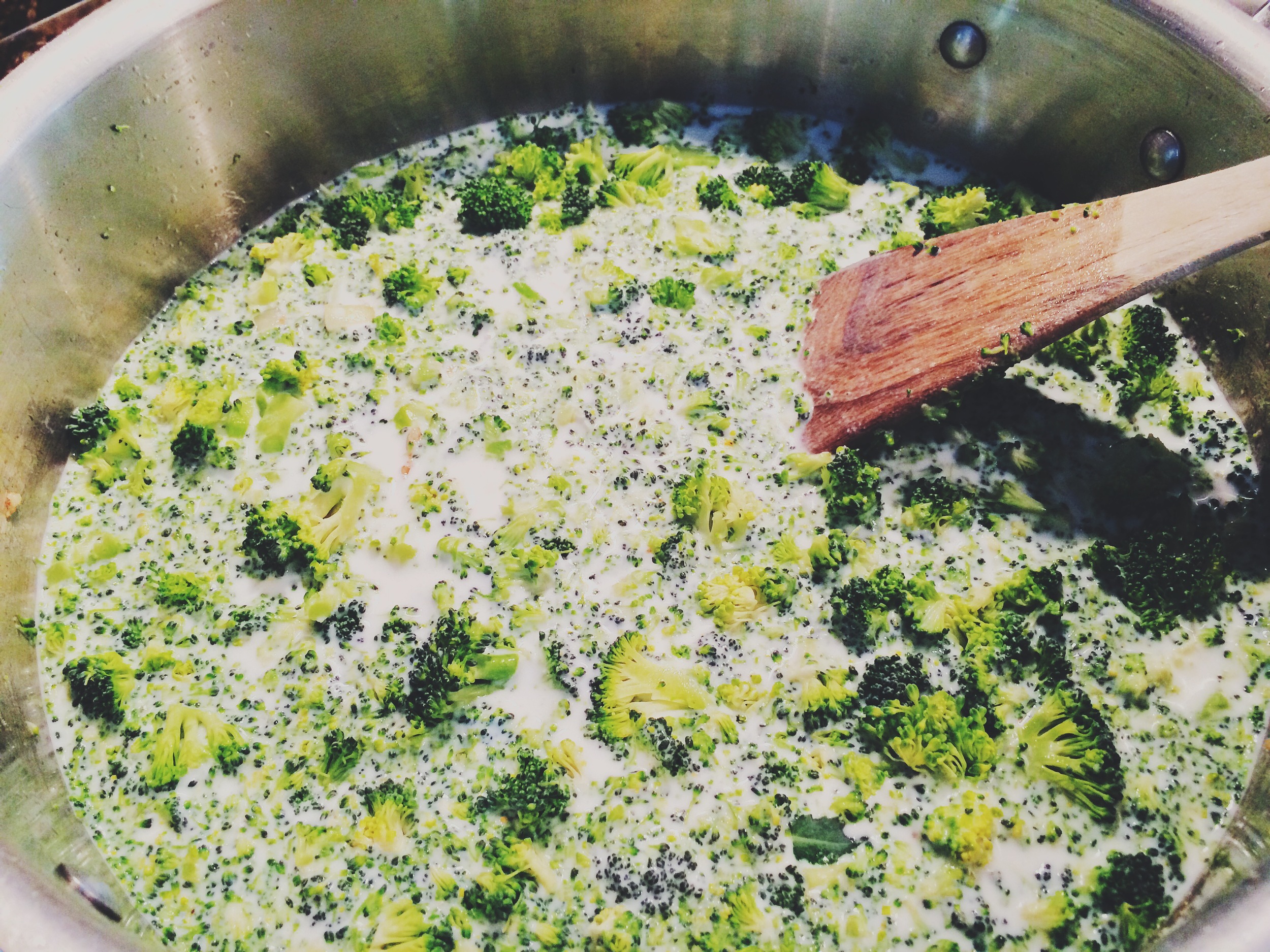  Add the broccoli, half &amp; half, and milk to the paste and stir together. Bring to a simmer, cover, and cook for 15-20min.&nbsp; 