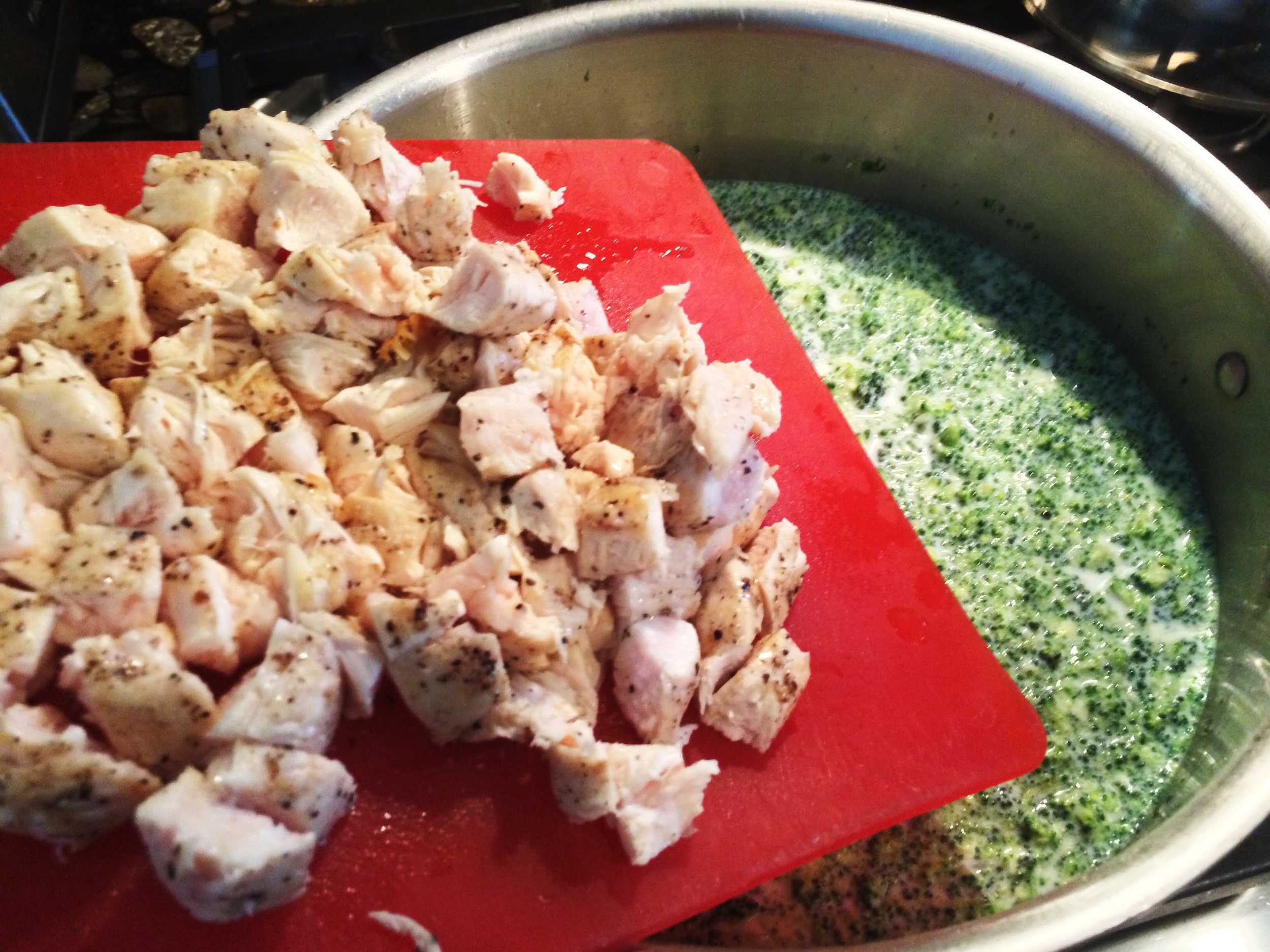  While the stew simmers, cube the chicken, and then add it to the pot.&nbsp; 