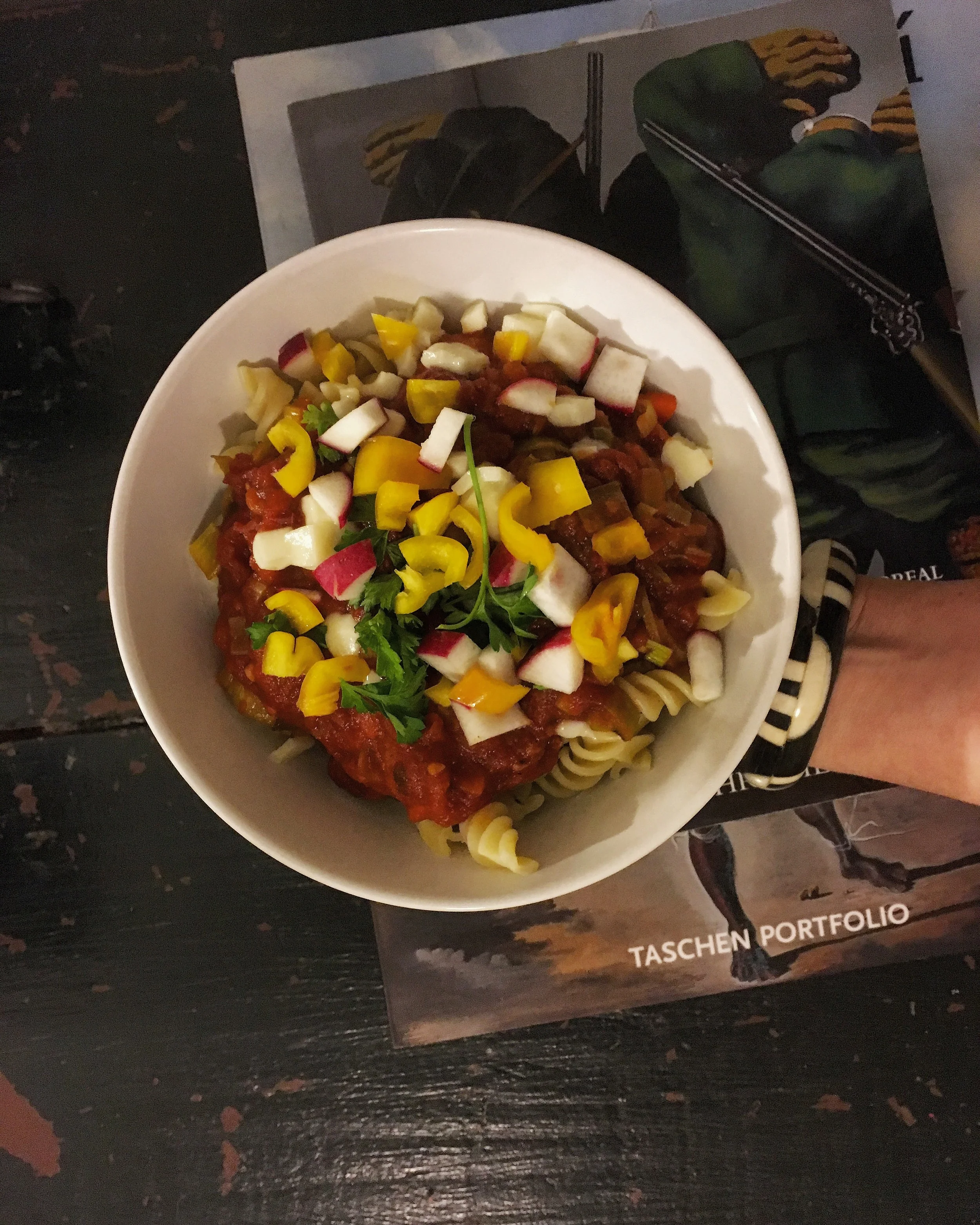 Quick weeknight meal: peppers + radish over roasted tomato sauce over pasta. Less than 15 min. prep time for a healthy and filling dish! 