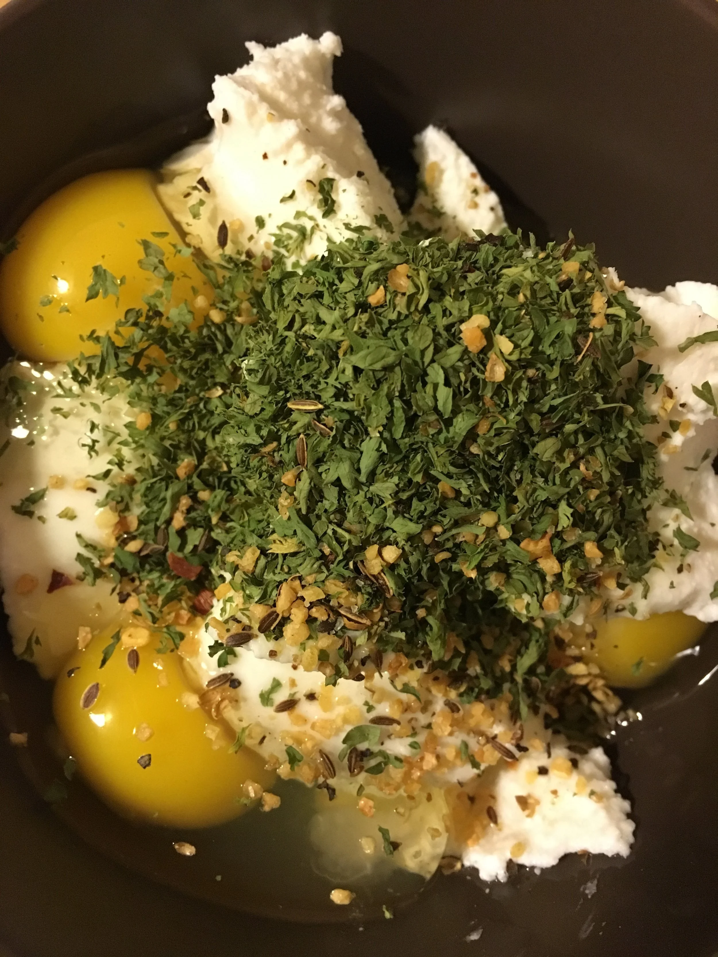 Ricotta Mixture: 3 eggs, 2 cups ricotta, basil, Mustard seed, oregano, salt, pepper, garlic