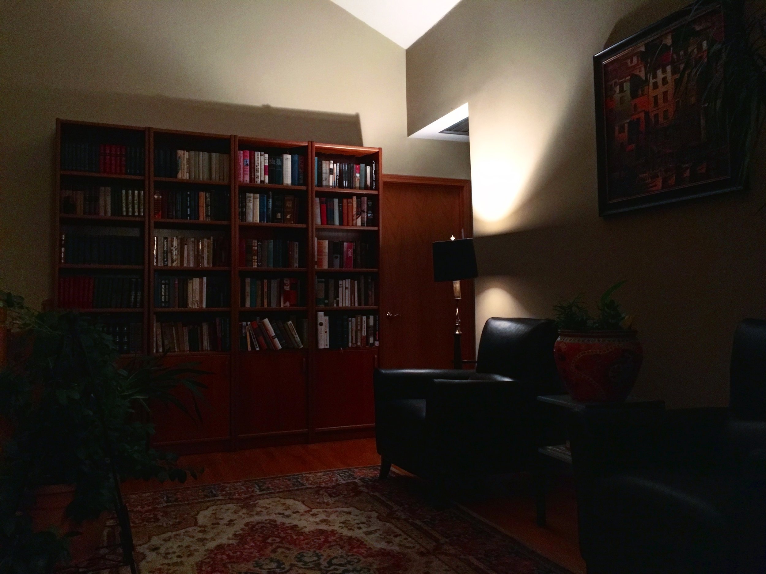 Favorite reading nook. The lamp has a little tray for wine glasses or tea mugs!