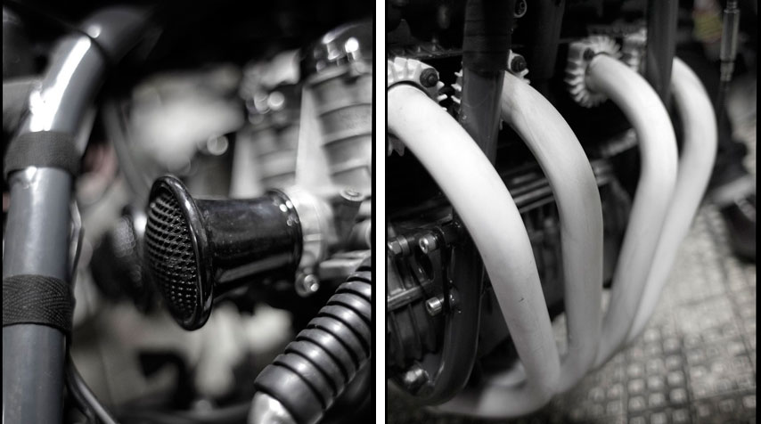 - Custom-made air filters powder-coated in black. - 'Wolverine’ exhaust pipes.