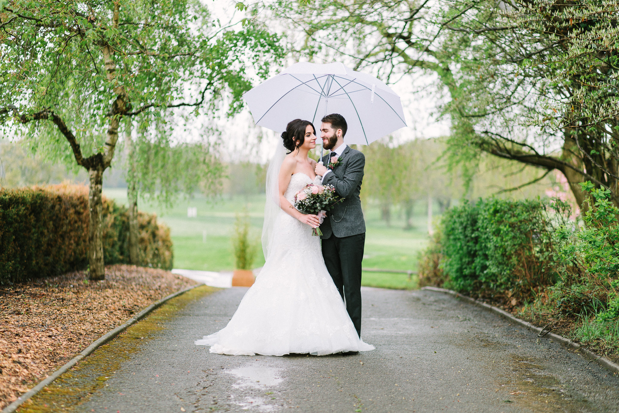 bride and groom in the trees
