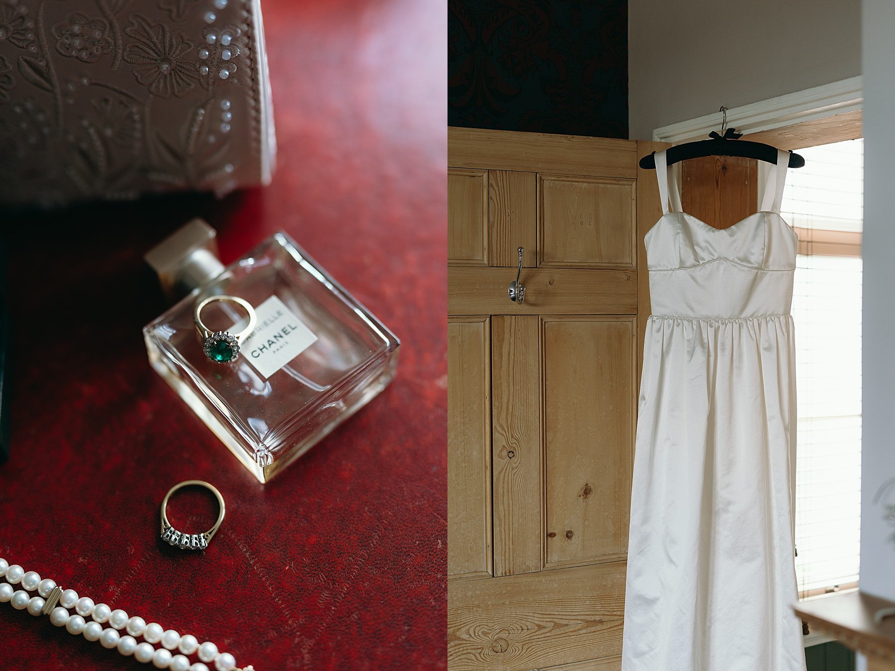 brides dress hanging up