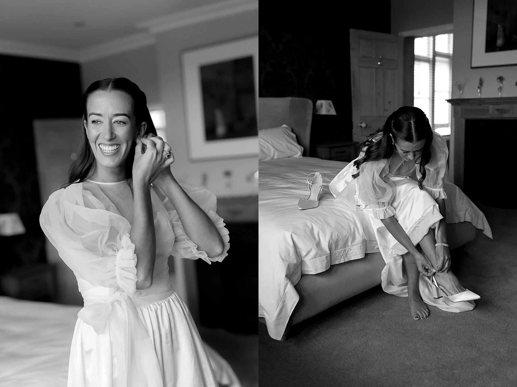 bride putting on her shoes and earrings