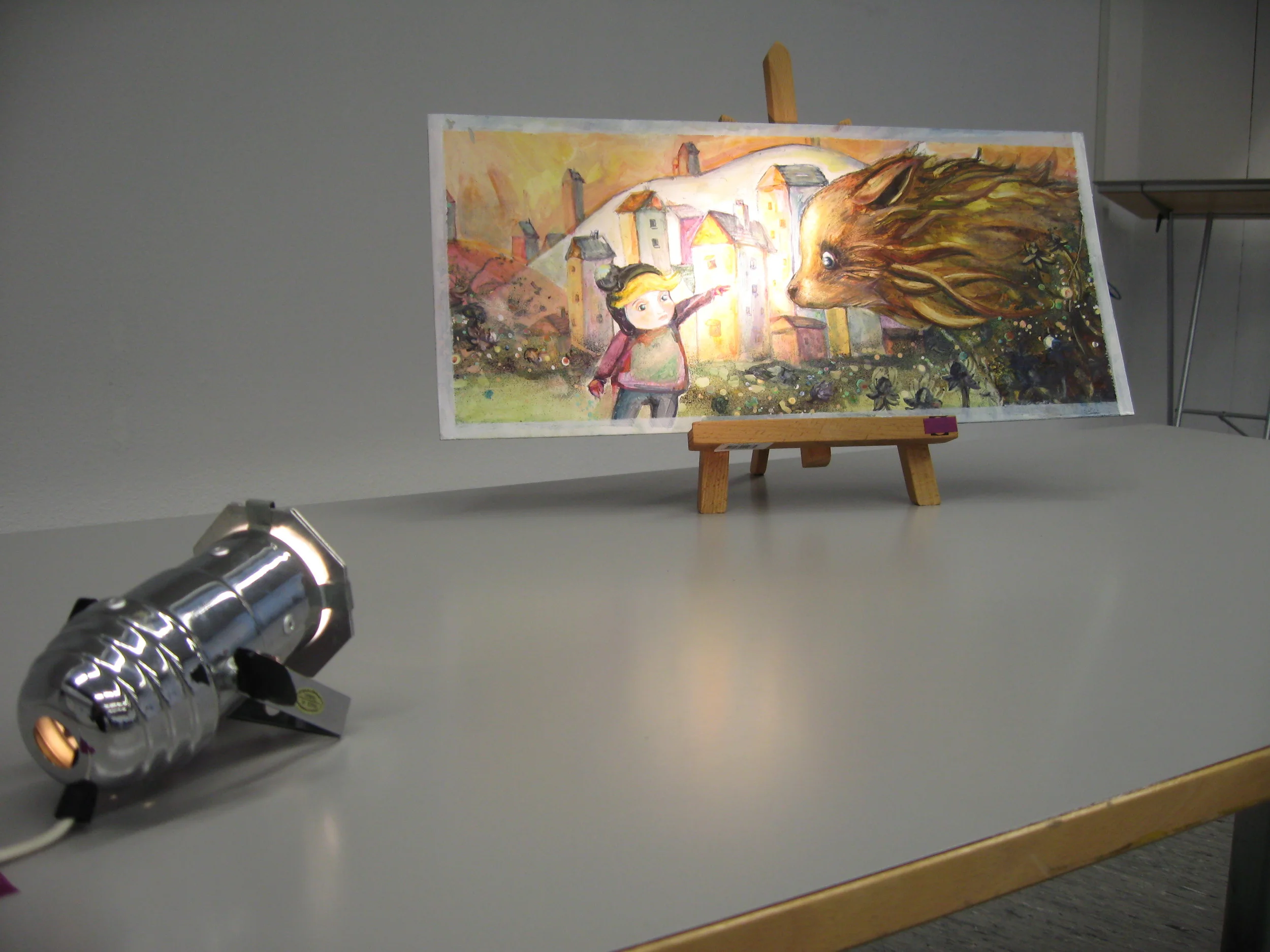Girl and Wolf (an hommage to Elliot Dear), 2008, Oil on cardboard (25 x 55cm), lightspot.