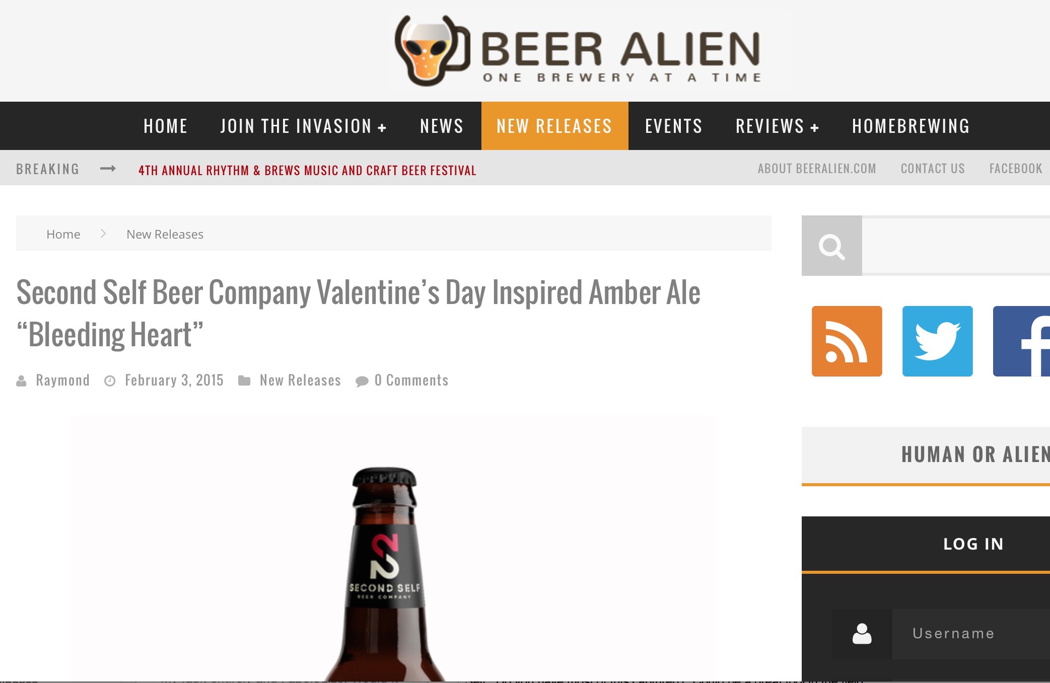 Beer Alien , February 3rd, 2015 Valentine’s Day Inspired Amber Ale “Bleeding Heart” , 