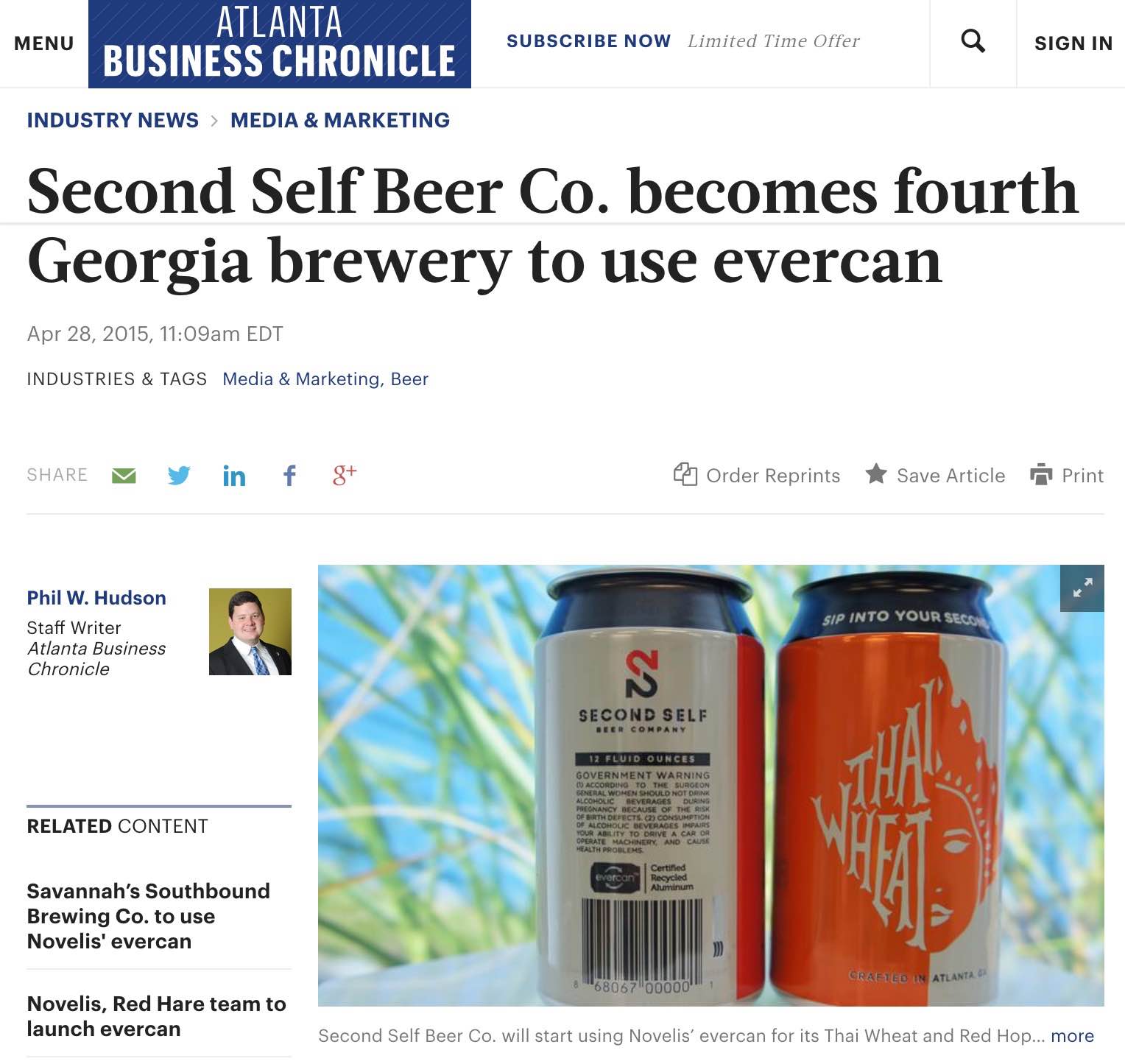 Atlanta Business Chronicle , April 28th, 2015, Second Self Beer Co. becomes fourth Georgia brewery to use evercan