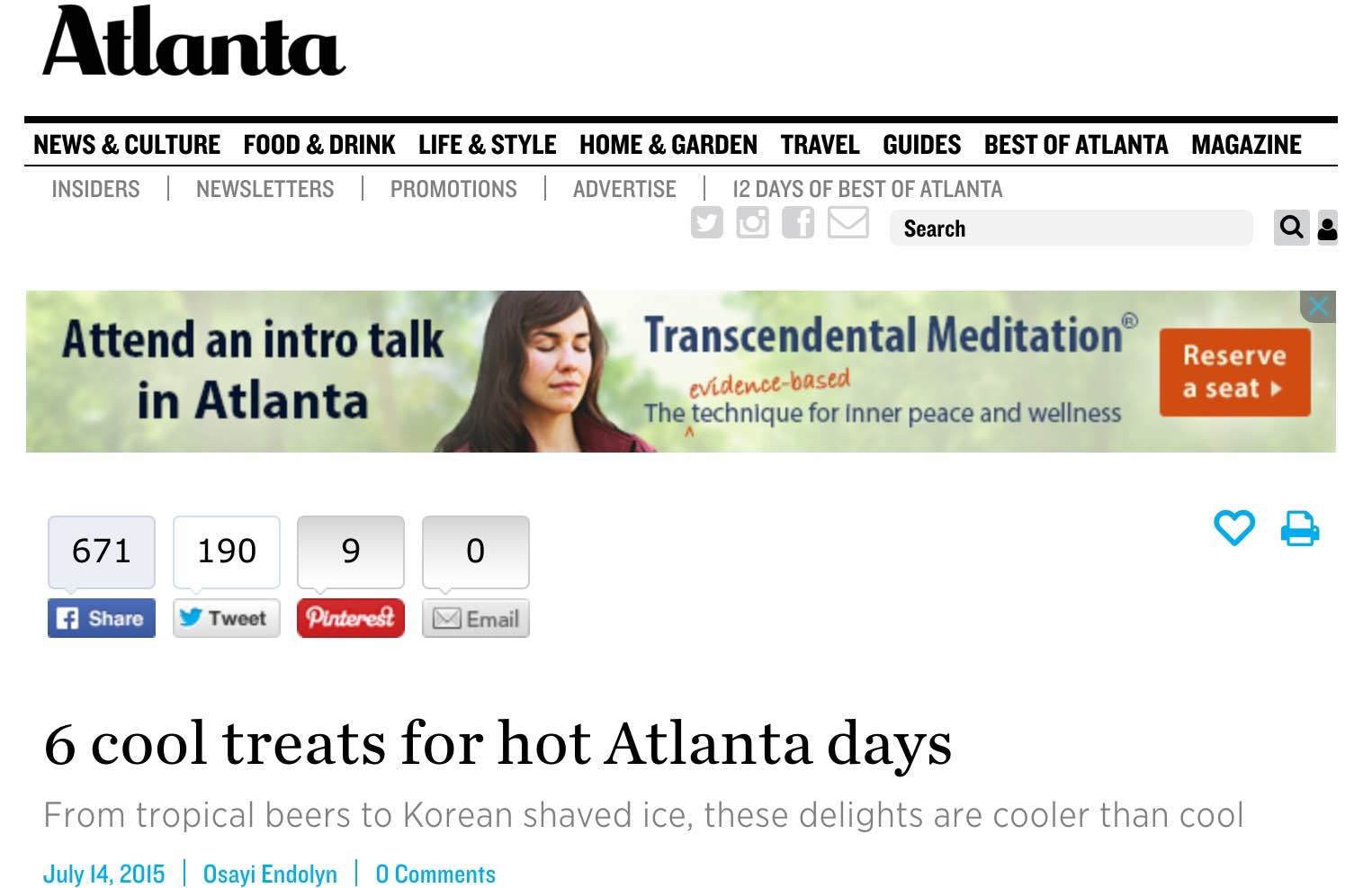 Atlanta Magazine , July 14th, 2015 “6 cool treats for hot Atlanta days”