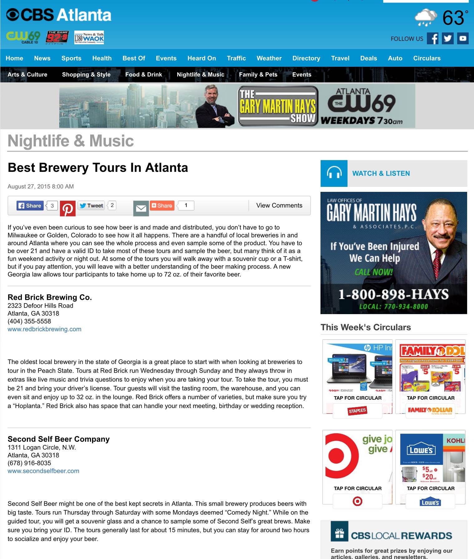 CBS , August 27th, 2015, "Best Brewery Tours in Atlanta"