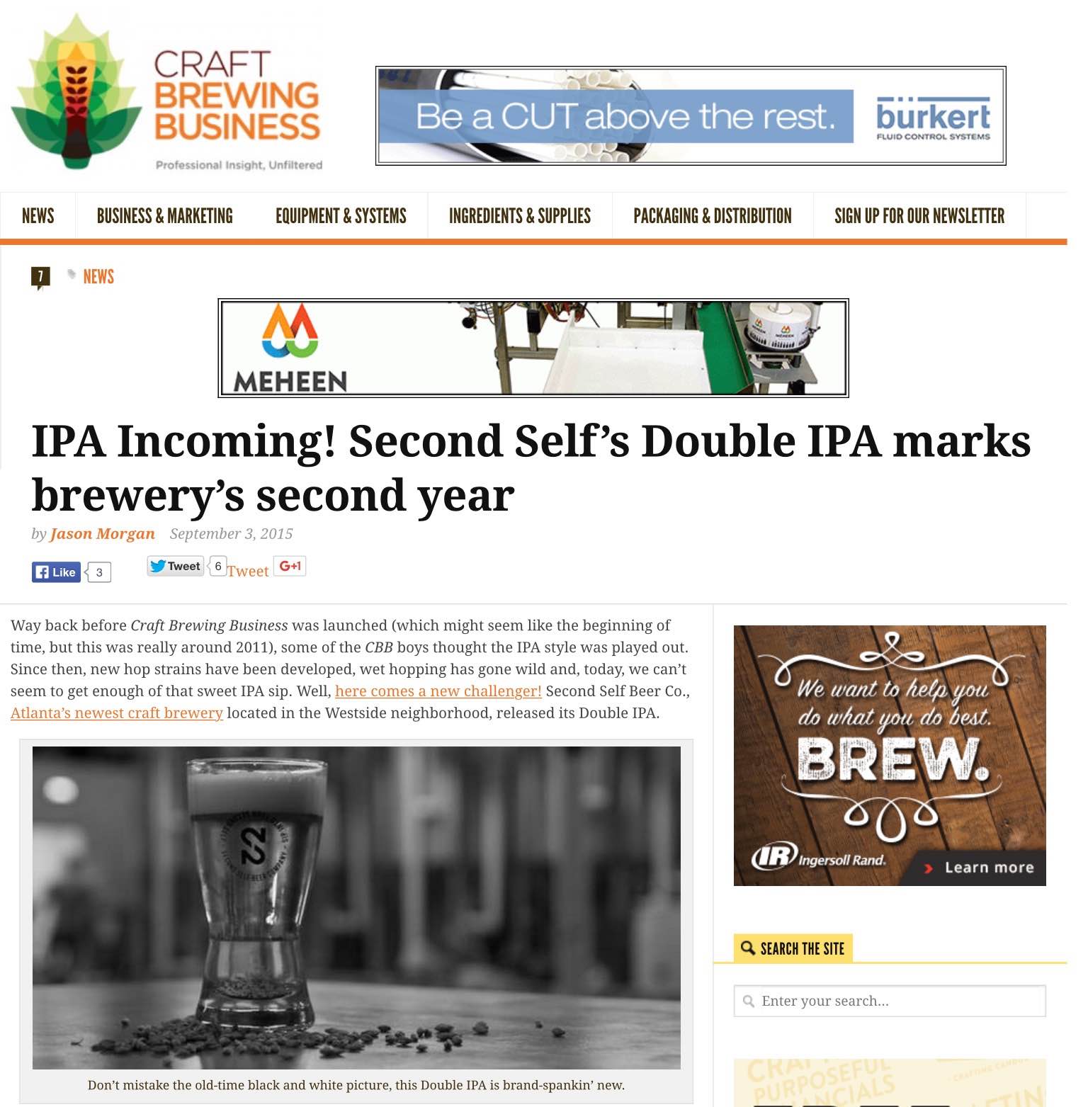 Craft Brewing , September 4th, 2015 "IPA Incoming! Second Self’s Double IPA marks brewery’s second year"