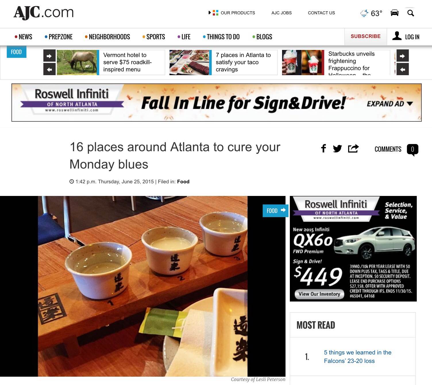 AJC, June 25th, 2015 "16 places around Atlanta to cure your Monday blues"