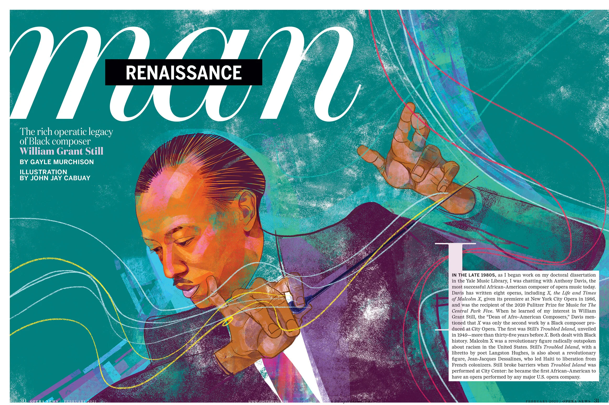 Spread portrait for Opera News of William Grant Still