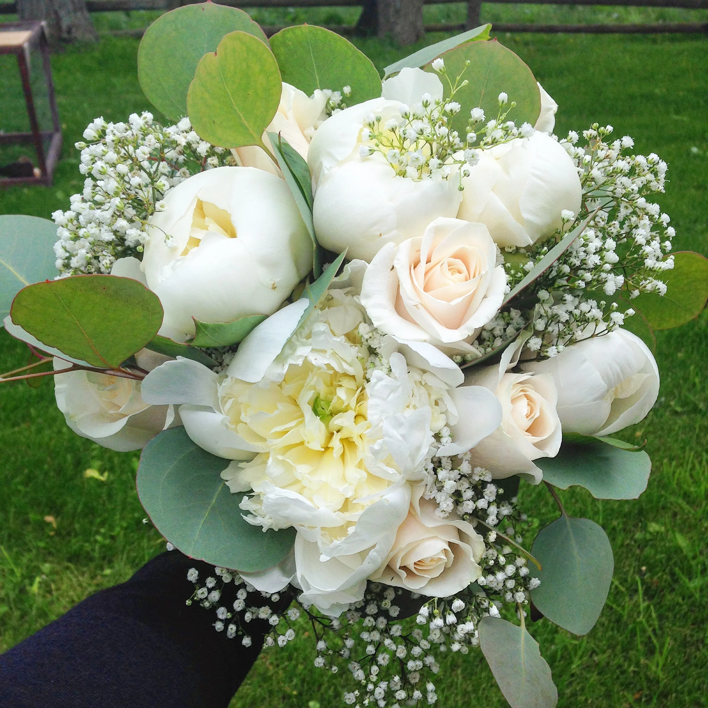 White Bridal Bouquet (peonies, cream roses, babies breath)