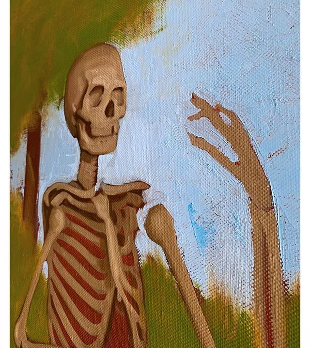 #wip - Obviously dubious anatomical concerns aside (ahem, not to mention that a skeleton is out &amp; about in public, *soon to be* playing the guitar), my boy is still very much unfinished but creeping along ☠️ .
.
.

#slowlybutsurely #painting #con