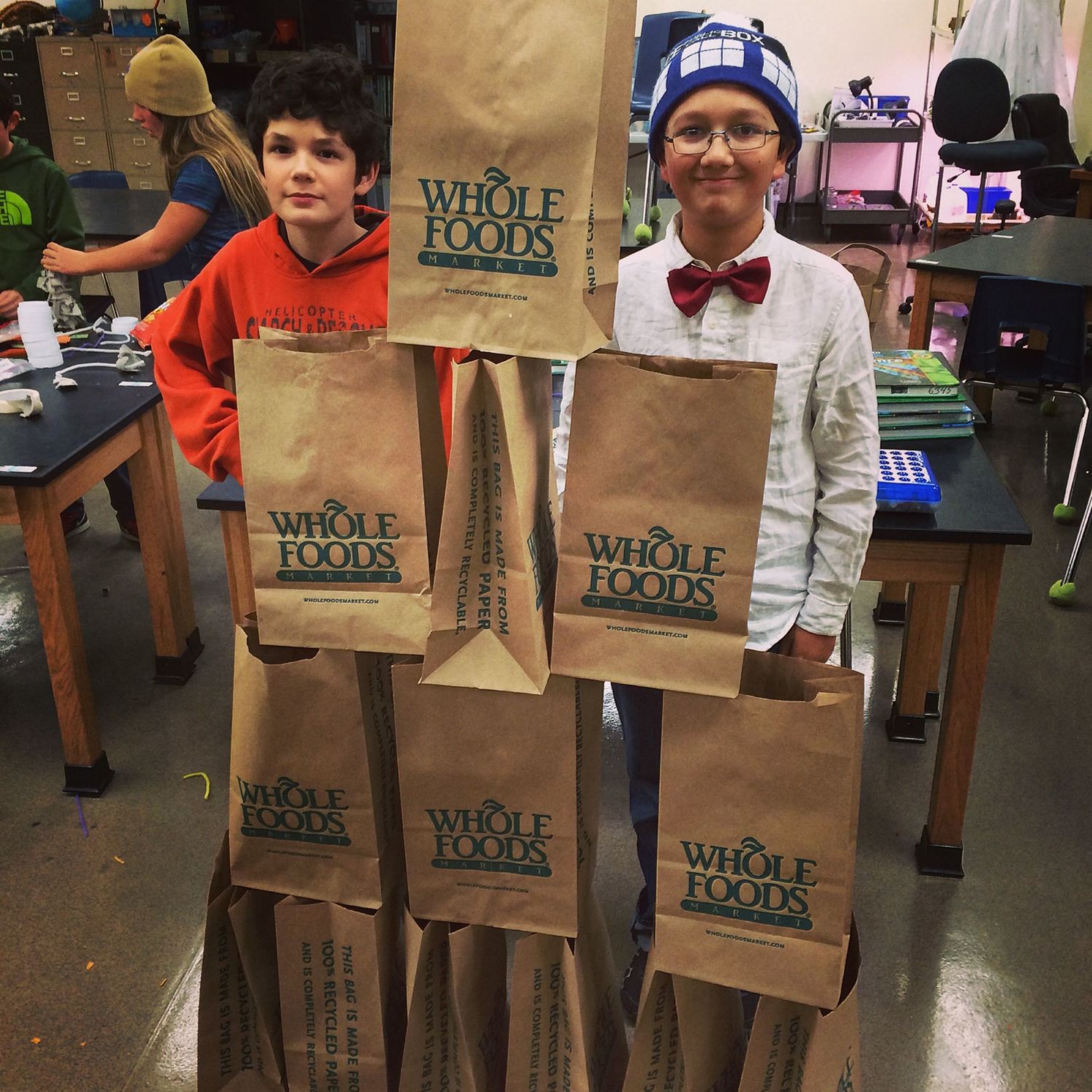 Empty Paper Bag Towers at King Middle School in Berkeley, CA. Part of a "What Can We Do With A Paper Bag?" Challenge.