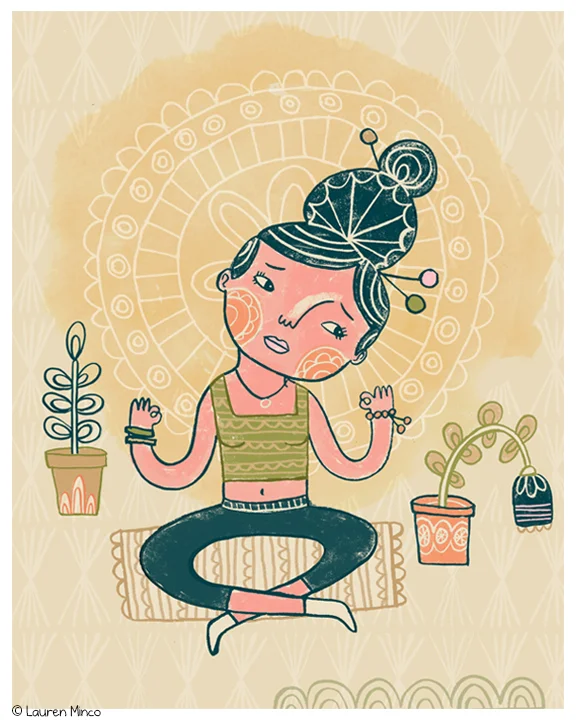 May (no class in April): an editorial illustration for an article about the difficulties of meditation.
