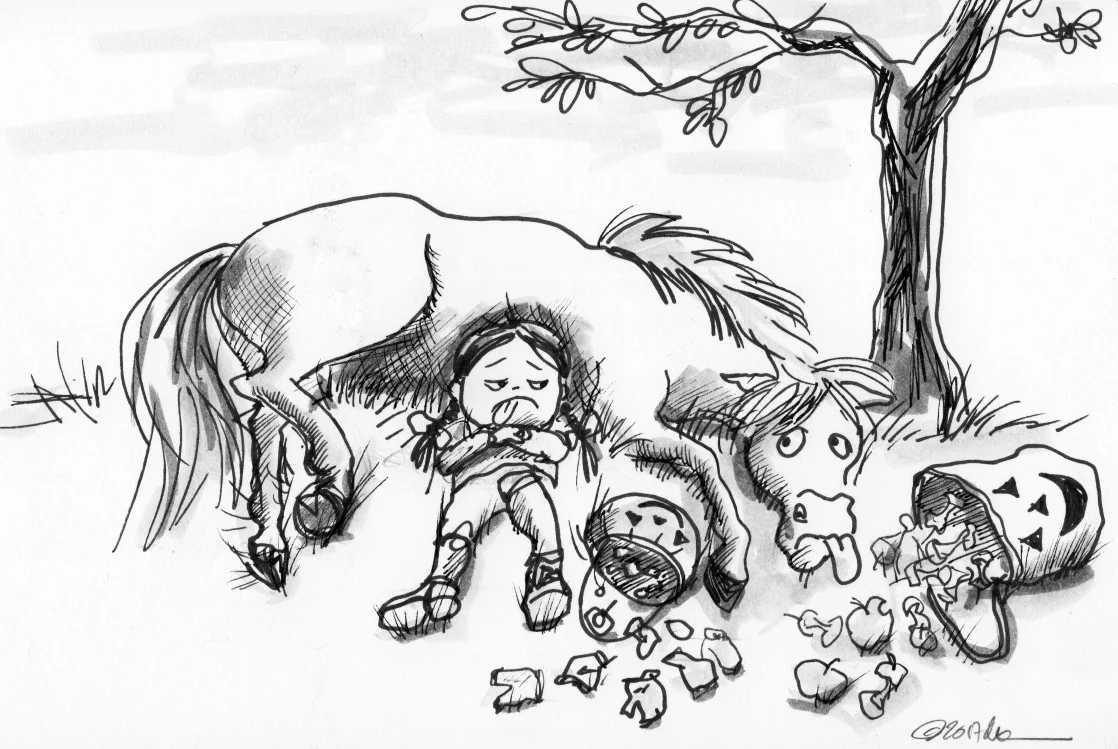 The consequences of excessive consumption of Halloween sweets (or apples, in Spunky's case).