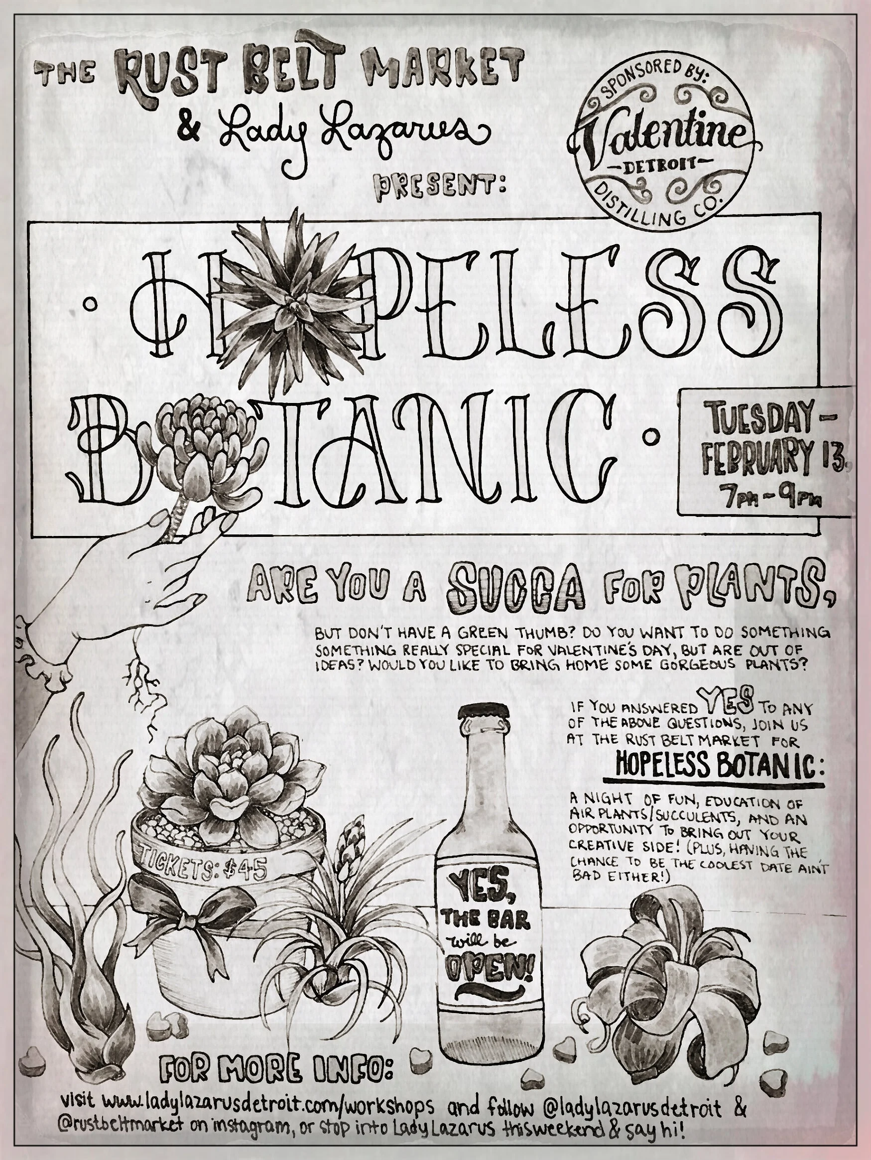 Workshop sponsored by The Rust Belt Market & Valentine Distilling Co. Artwork by Chloe Lewis.