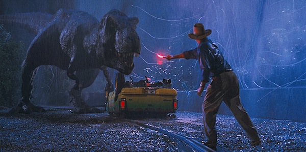 Sam Neill distracts a T-Rex in Steven Spielberg's Jurassic Park