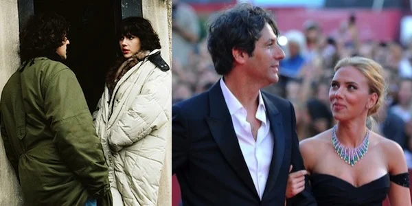 Jonathan Glazer and Scarlett Johansson on the Under the Skin set (left); at the Venice Film Festival premiere (right)