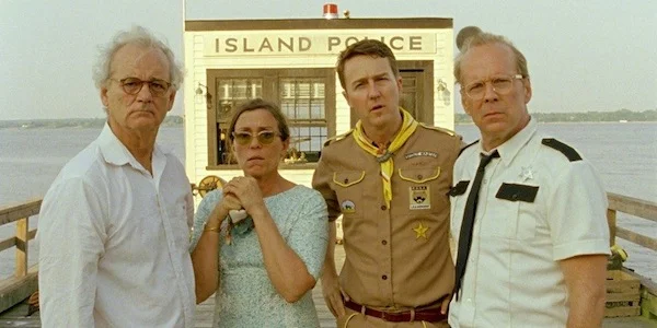 Bill Murray, Frances McDormand, Edward Norton, and Bruce Willis in Wes Anderson's Moonrise Kingdom