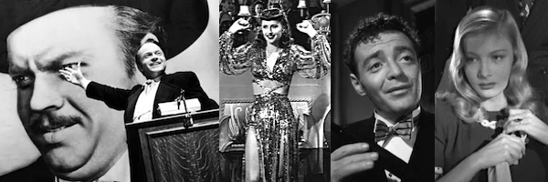 (left to right) Orson Welles presents Orson Welles in Citizen Kane , Barbara Stanwyck in Ball of Fire , Peter Lorre in The Maltese Falcon and Veronica Lake in Sullivan's Travels