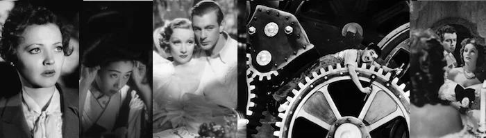 (left to right) Fury (dir: Fritz Lang) , Sisters of the Gion, Desire (dir: Frank Borzage), Modern Times, Camille (dir: George Cukor)