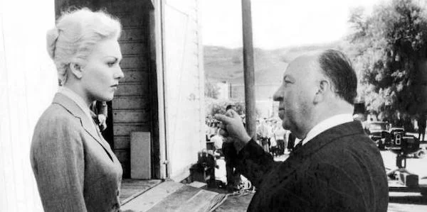 Kim Novack and Alfred Hitchcock on the set of Vertigo