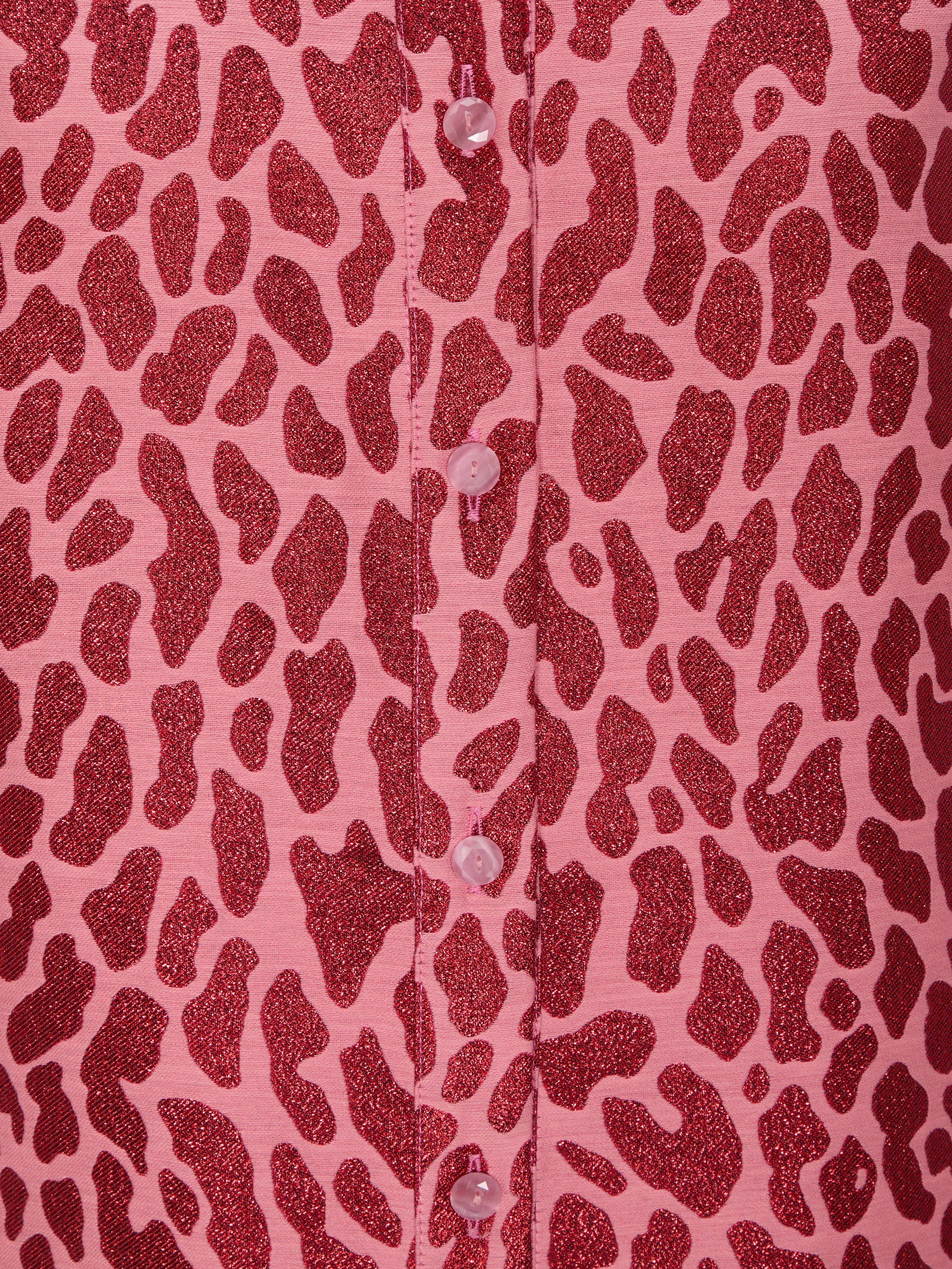 Blair shirt in metallic pink and red leopard print with metallic leather cuffs