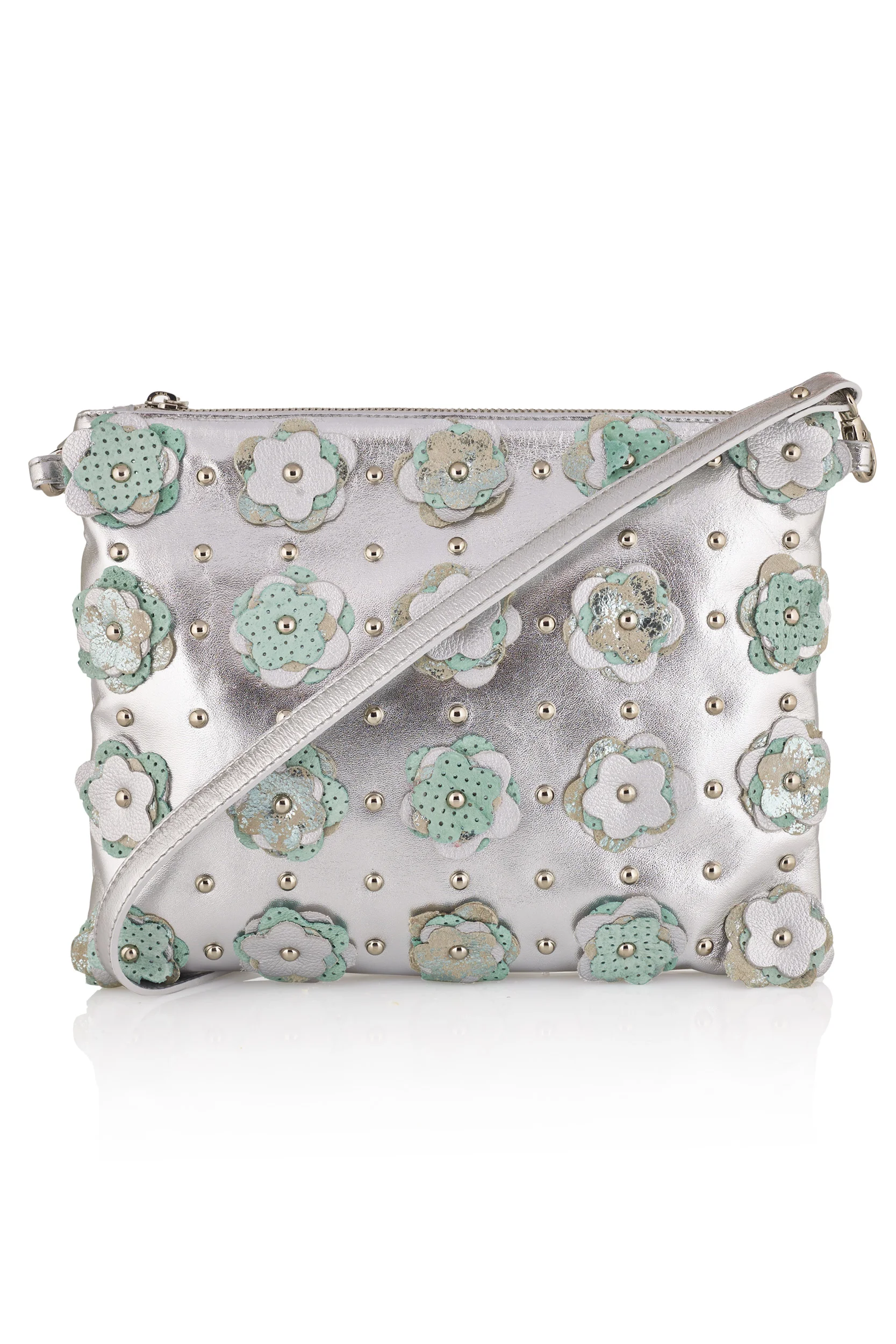 Manley - Aubree Cross Body Leather Bag - Embellished - Silver & Mint