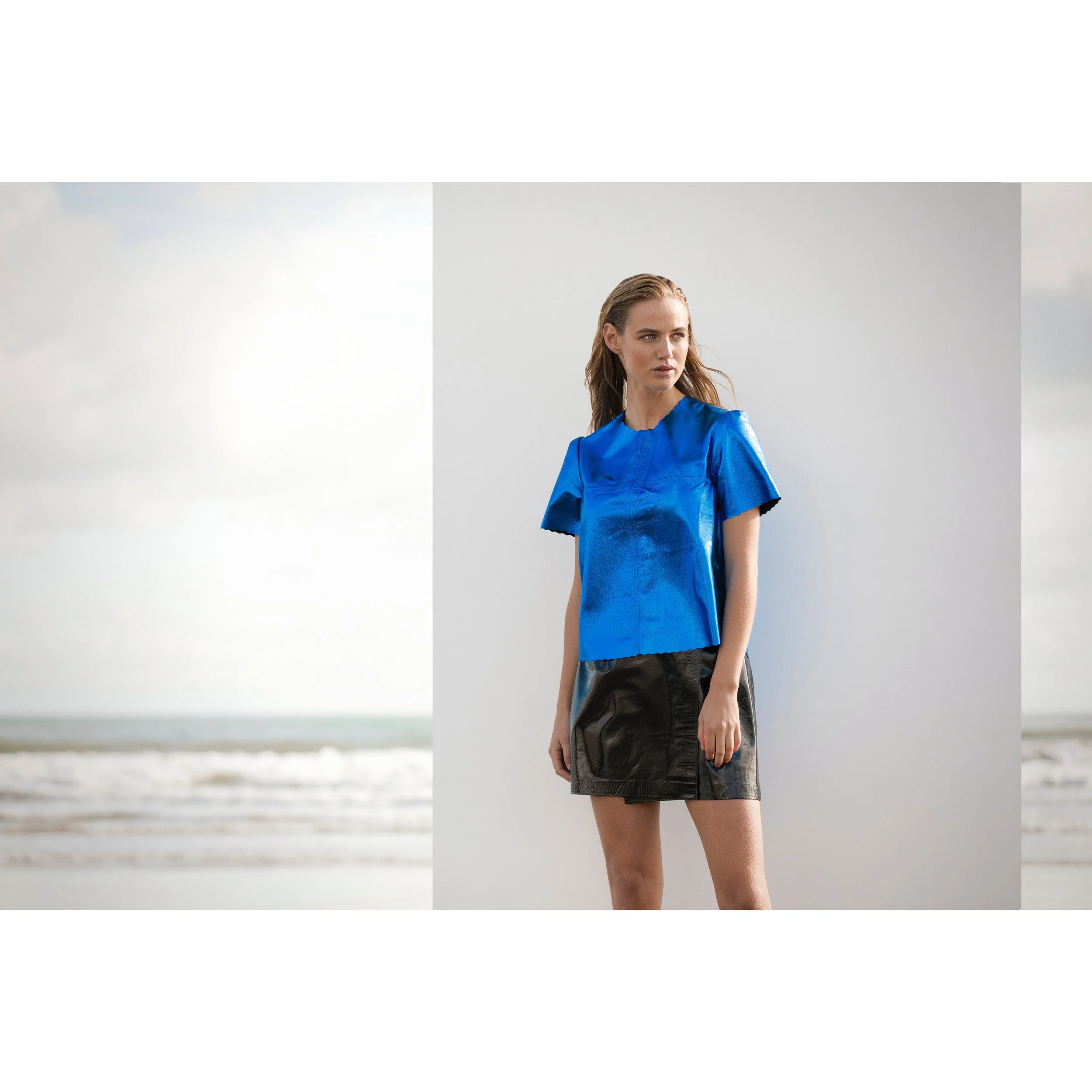 Manley parker metallic leather t-shirt cobalt