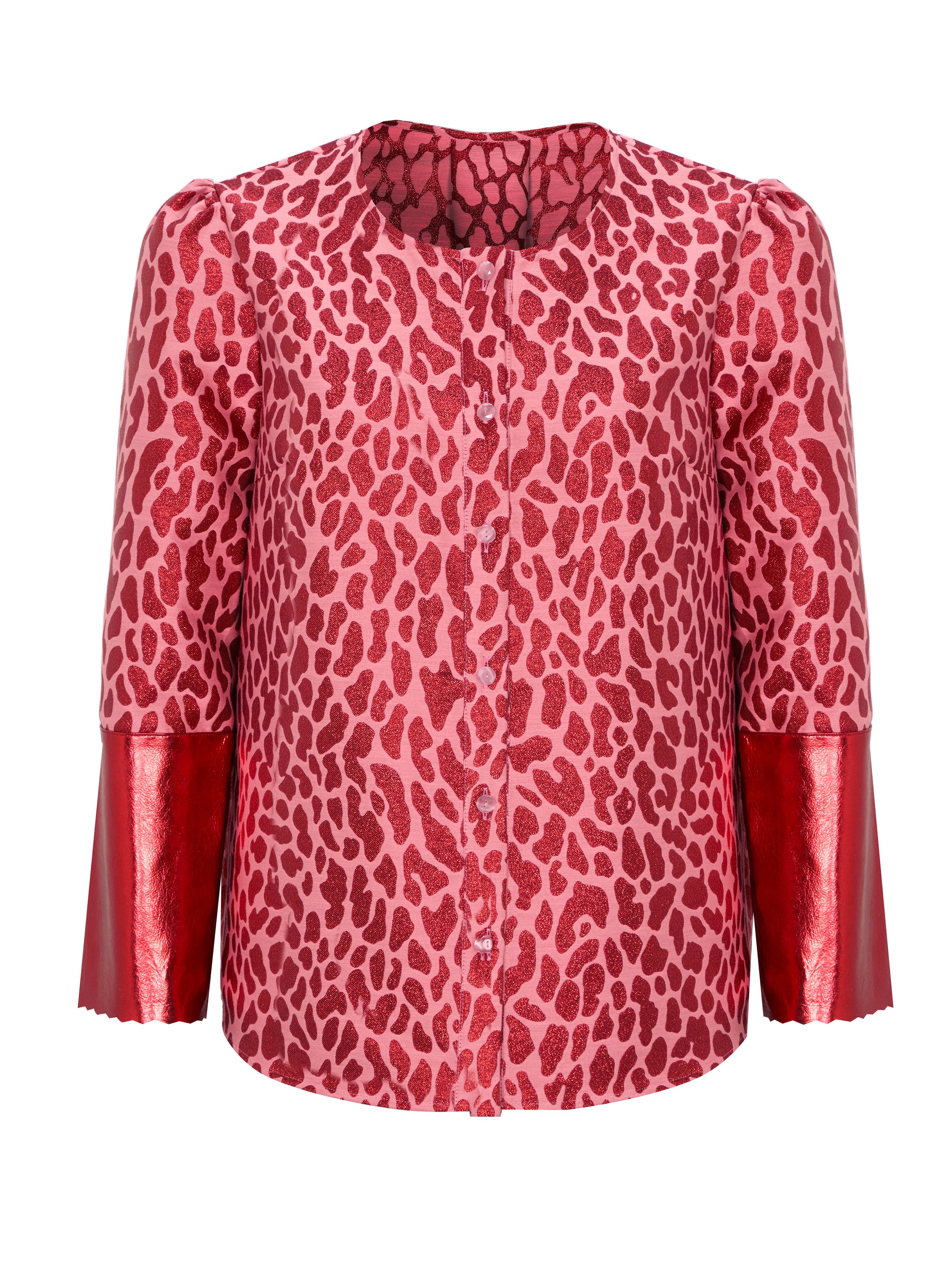 Blair shirt in metallic pink and red leopard print with metallic leather cuffs