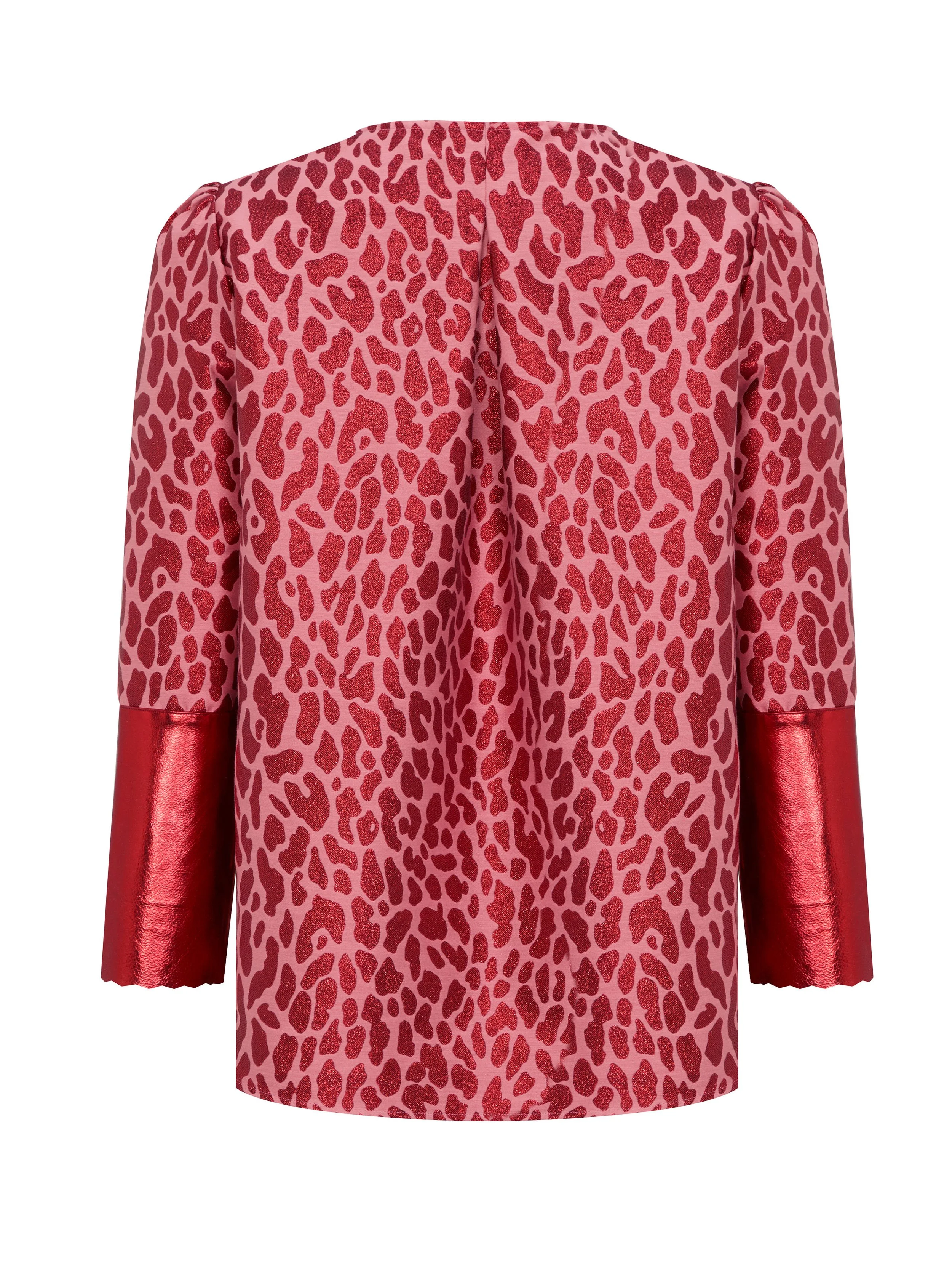 Blair shirt in metallic pink and red leopard print with metallic leather cuffs